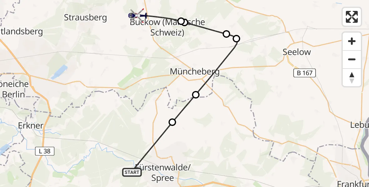 Flugroute Polizeihubschrauber Fürstenwalde/Spree - Strausberg, 14 April 2026, 12:55