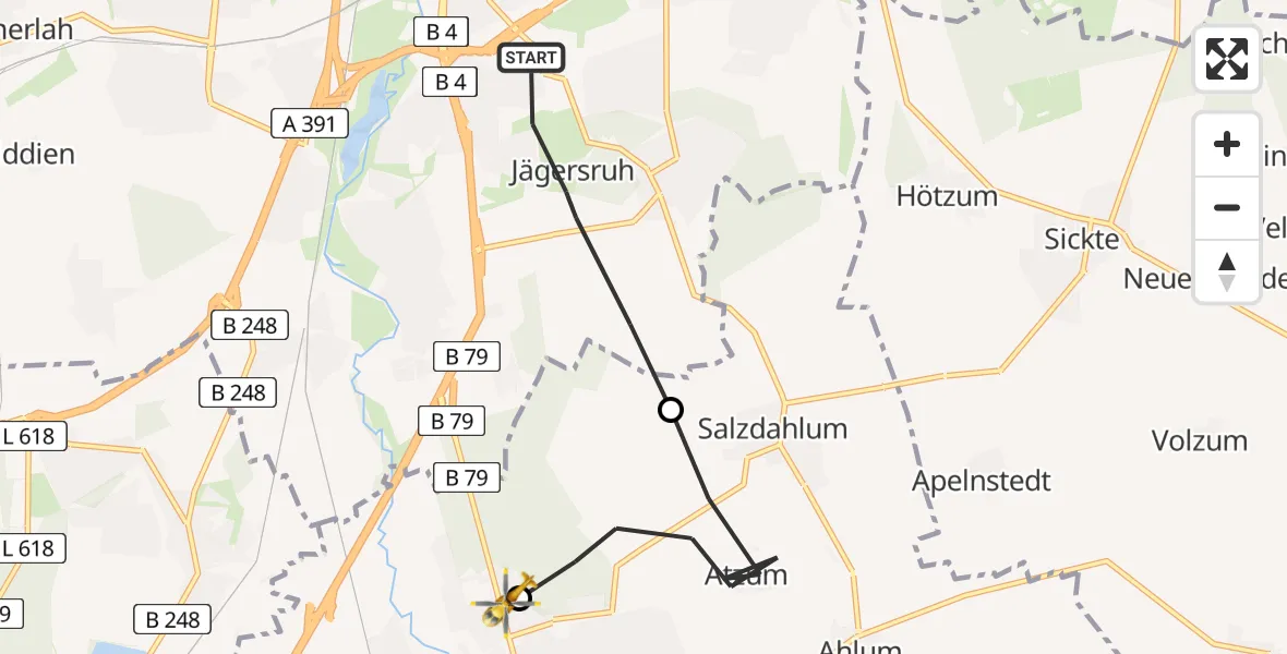 Flugroute Rettungshubschrauber Braunschweig - Wolfenbüttel Municipal Hospital Hubschrauberlandeplatz (Christoph 30), 14 April 2026, 12:57