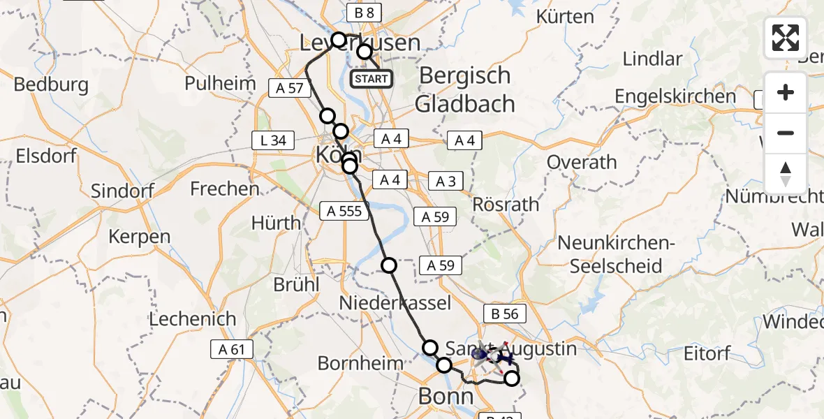 Flugroute Polizeihubschrauber Köln - Bonn-Hangelar Flugplatz, 14 April 2026, 13:14