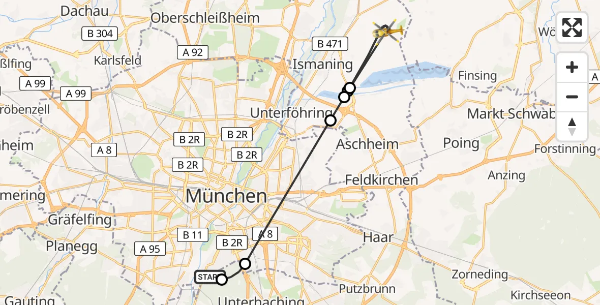 Flugroute Rettungshubschrauber ADAC Air Rescue Center Hubschrauberlandeplatz (Christoph 1) - Ismaning, 14 April 2026, 13:17