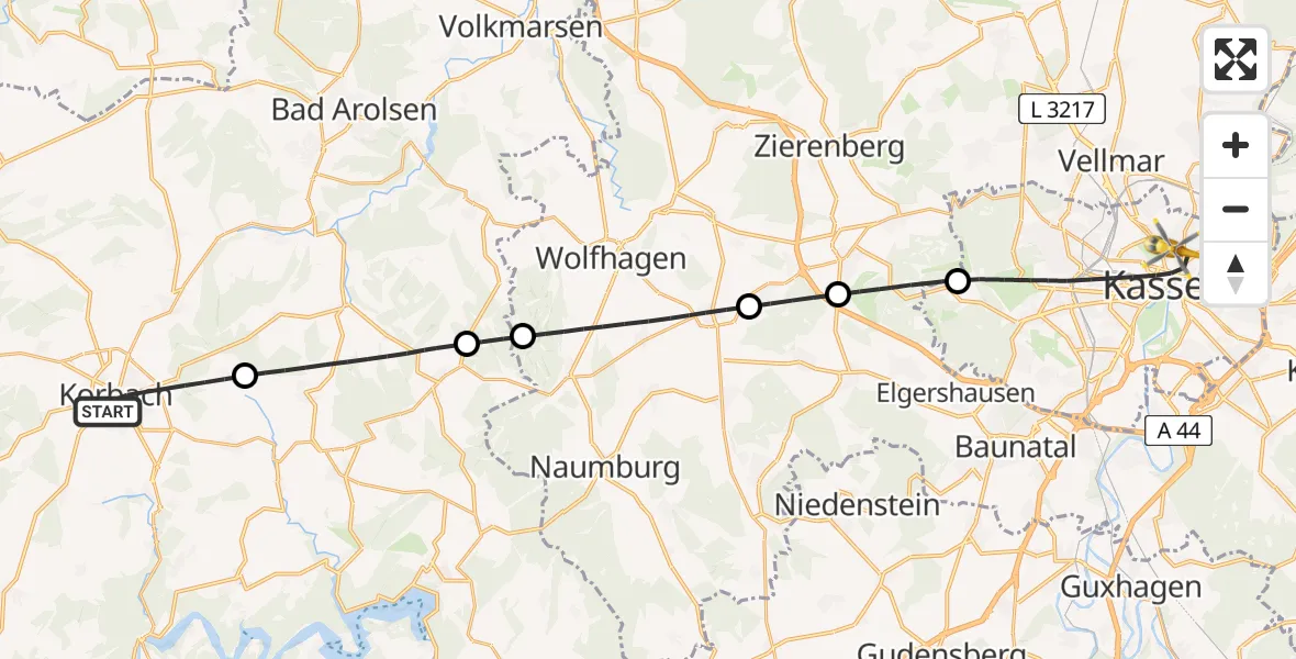 Flugroute Rettungshubschrauber Korbach - Kassel, 14 April 2026, 13:23