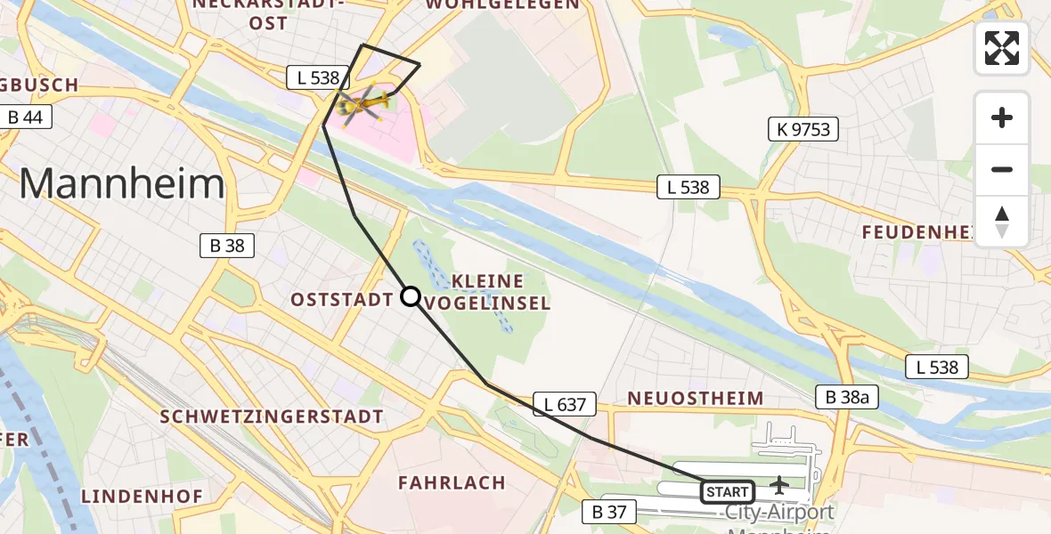 Flugroute Rettungshubschrauber Mannheim-City Flughafen - Mannheim, 14 April 2026, 13:25
