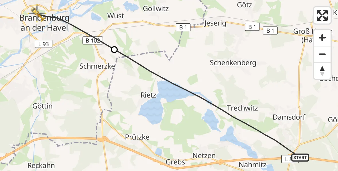 Flugroute Rettungshubschrauber Kloster Lehnin - Brandenburg an der Havel, 14 April 2026, 13:26