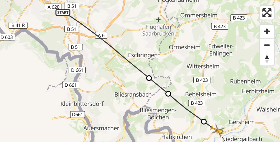 Flugroute Rettungshubschrauber Saarbrücken - Gersheim, 14 April 2026, 13:29