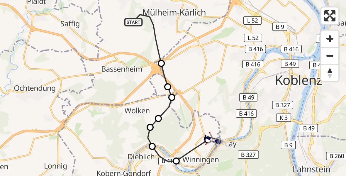 Flugroute Polizeihubschrauber Mülheim-Kärlich - Koblenz-Winningen Flugplatz, 14 April 2026, 13:33