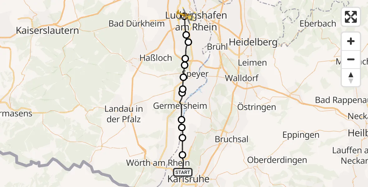 Flugroute Rettungshubschrauber Karlsruhe - Ludwigshafen Accident Hospital, 14 April 2026, 13:35