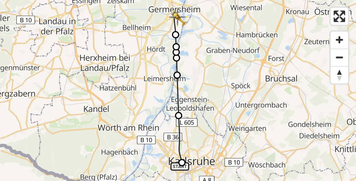 Flugroute Rettungshubschrauber Sankt Vincentius Hospital - Germersheim, 14 April 2026, 13:57