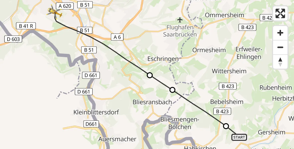Flugroute Rettungshubschrauber Gersheim - Saarbrücken, 14 April 2026, 14:01