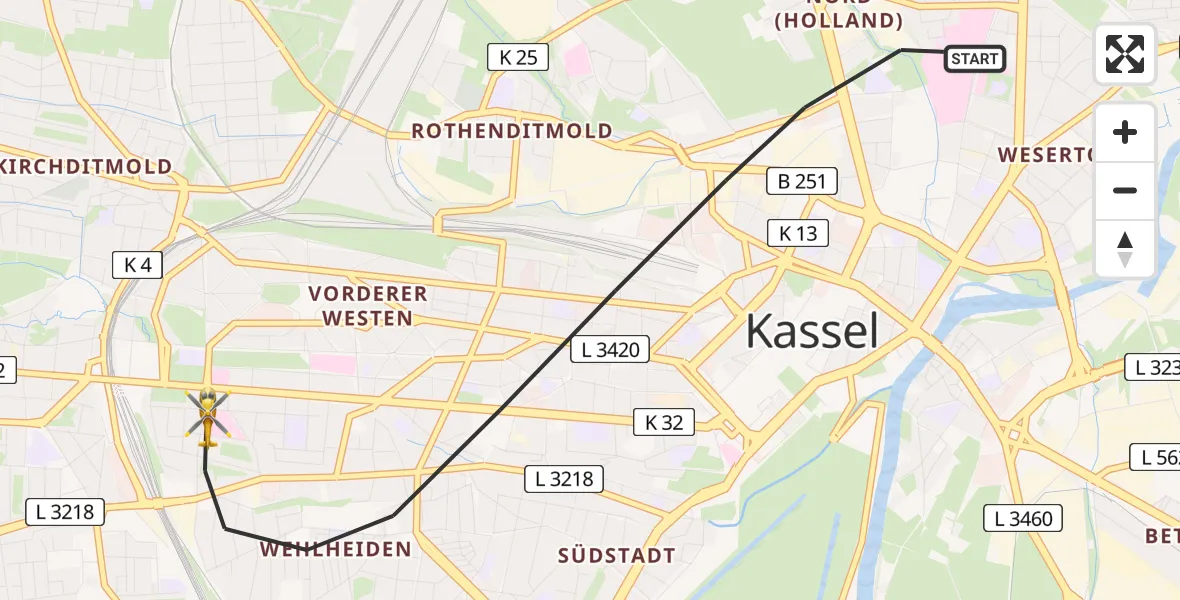 Flugroute Rettungshubschrauber Kassel - Kassel, 14 April 2026, 14:02