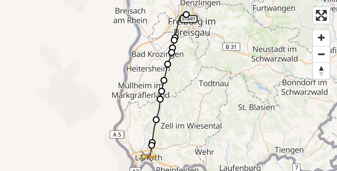Flugroute Rettungshubschrauber Freiburg im Breisgau Flugplatz - Lörrach, 14 April 2026, 14:06