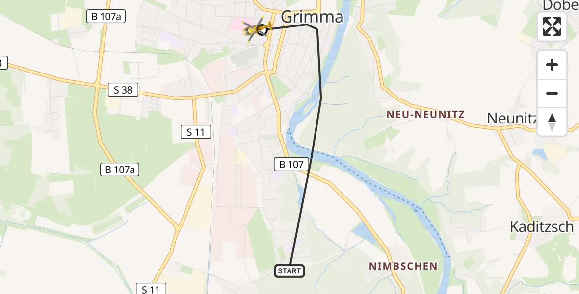 Flugroute Rettungshubschrauber Grimma - Grimma Hospital, 14 April 2026, 14:07