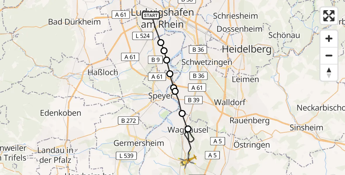 Flugroute Rettungshubschrauber Ludwigshafen am Rhein - Bruchsal, 14 April 2026, 14:20