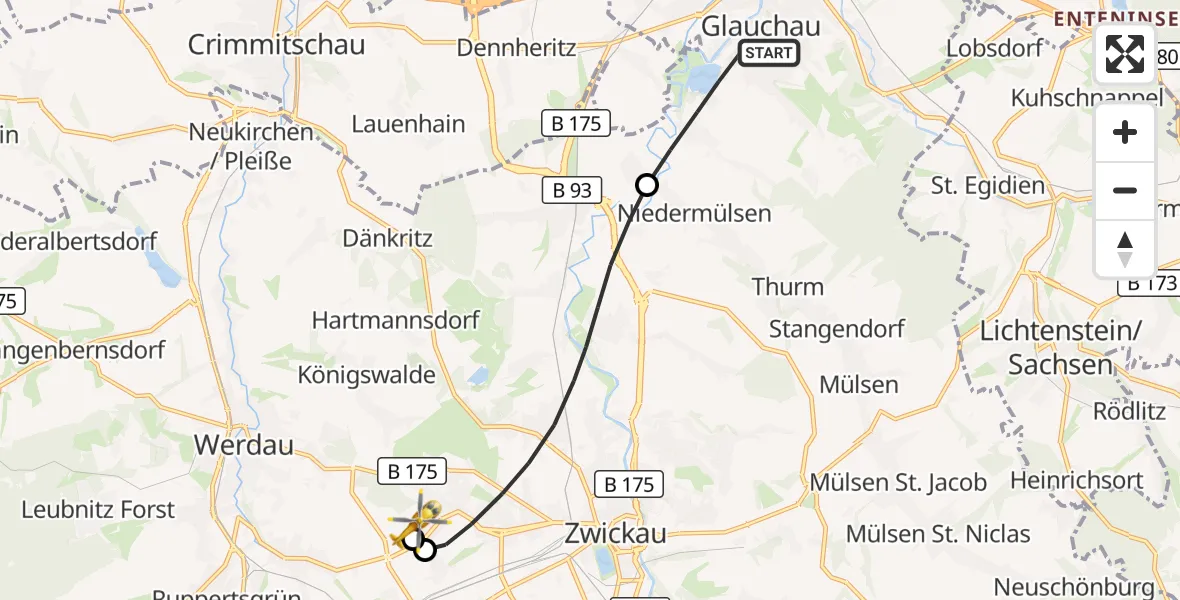Flugroute Rettungshubschrauber Glauchau - ADAC Air Rescue Station Zwickau Hubschrauberlandeplatz, 14 April 2026, 14:24