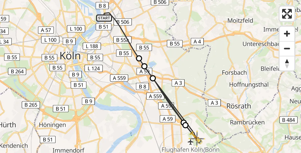 Flugroute Rettungshubschrauber Köln - Köln Bonn Flughafen, 14 April 2026, 14:25