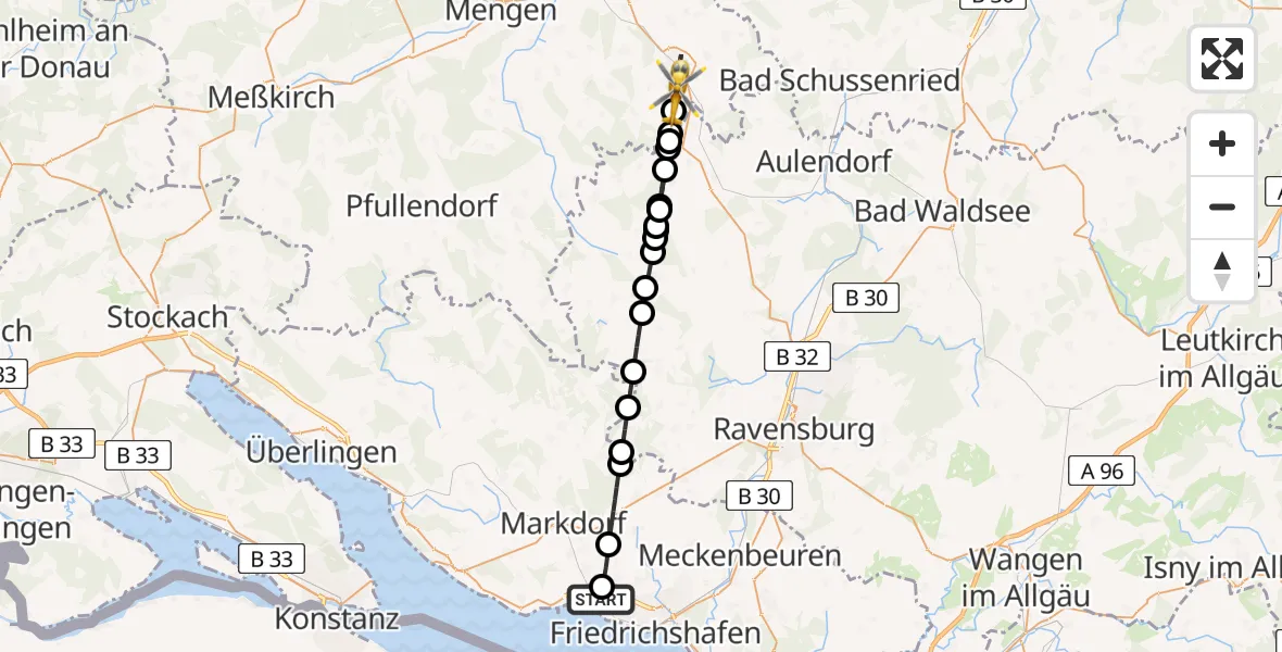 Flugroute Rettungshubschrauber Friedrichshafen Hospital - Bad Saulgau, 14 April 2026, 14:26