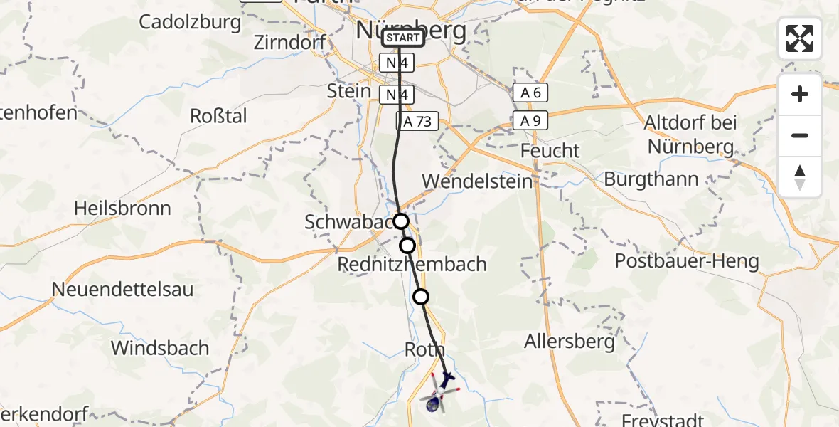Flugroute Polizeihubschrauber Nürnberg - Flugplatz Roth, 14 April 2026, 14:31