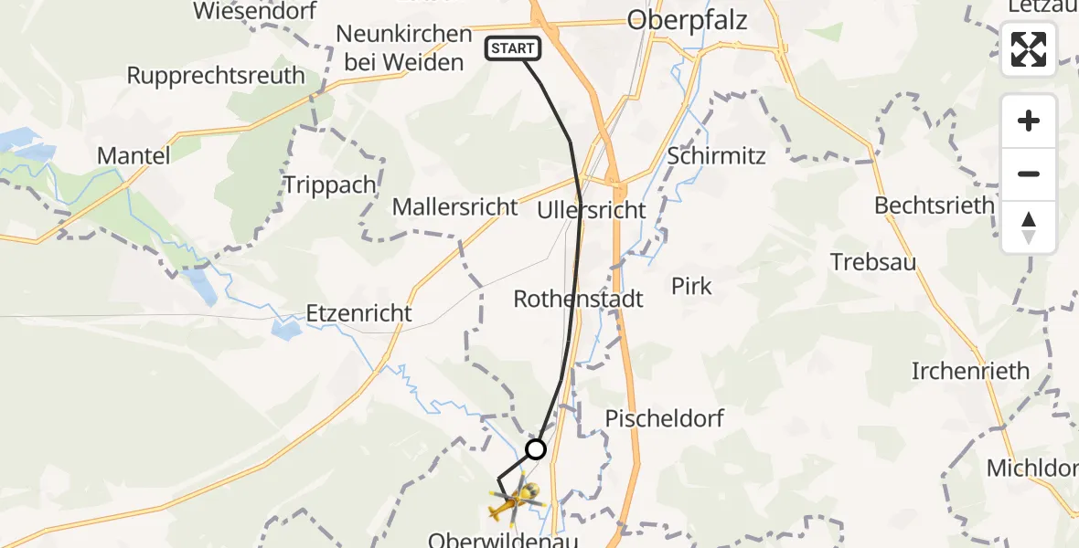 Flugroute Rettungshubschrauber Weiden i.d.OPf. - Luhe-Wildenau, 14 April 2026, 14:31