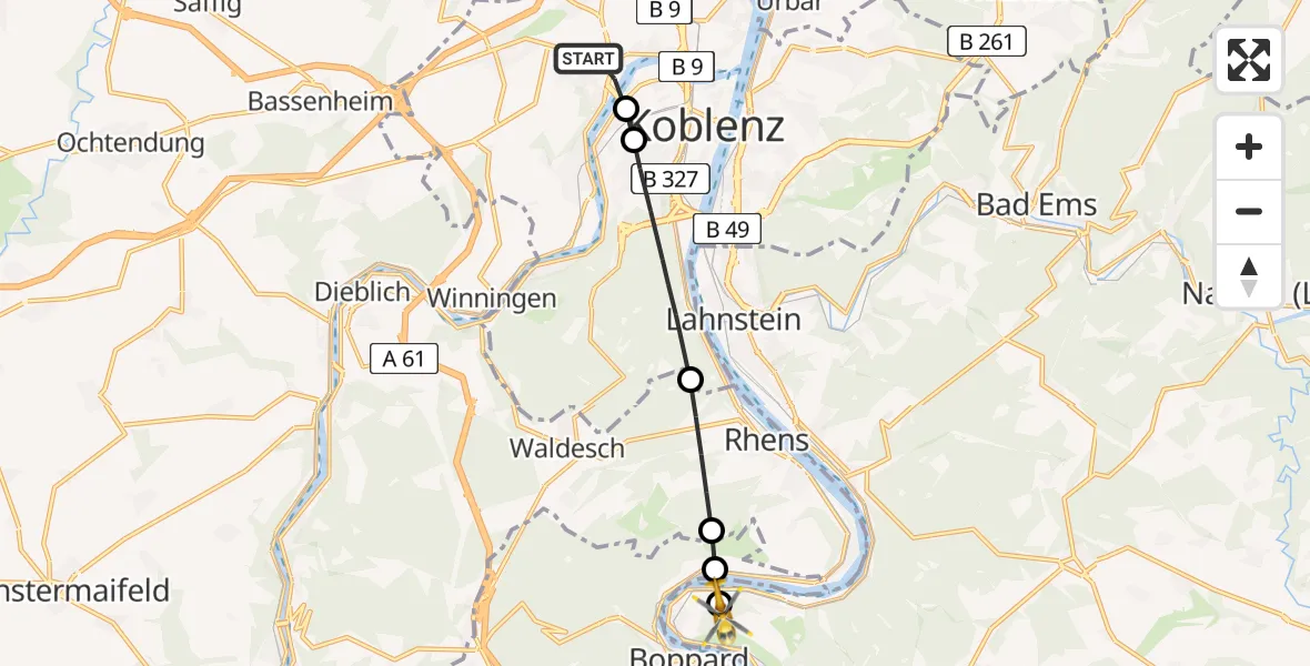 Flugroute Rettungshubschrauber Koblenz - Freiwillige Feuerwehr Osterspai Hubschrauberlandeplatz, 14 April 2026, 14:33