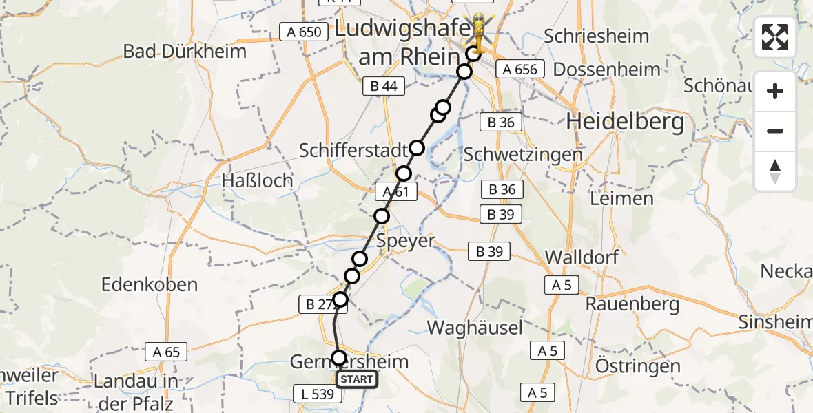 Flugroute Rettungshubschrauber Germersheim - Mannheim-City Flughafen, 14 April 2026, 14:33