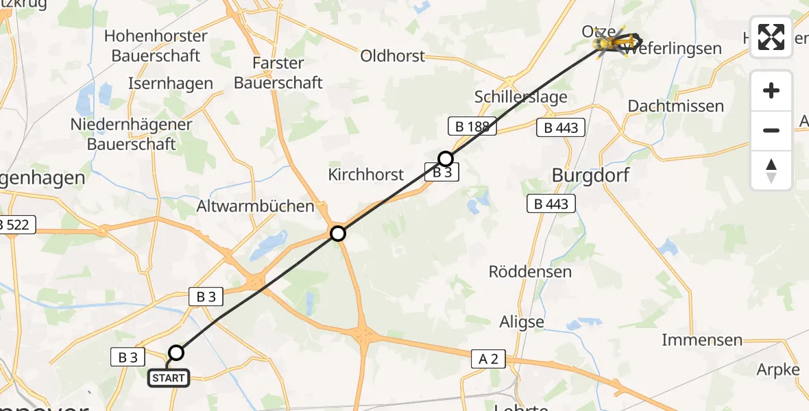Flugroute Rettungshubschrauber Hannover Luftrettung Hubschrauberlandeplatz (Christoph 4) - Burgdorf, 14 April 2026, 14:40
