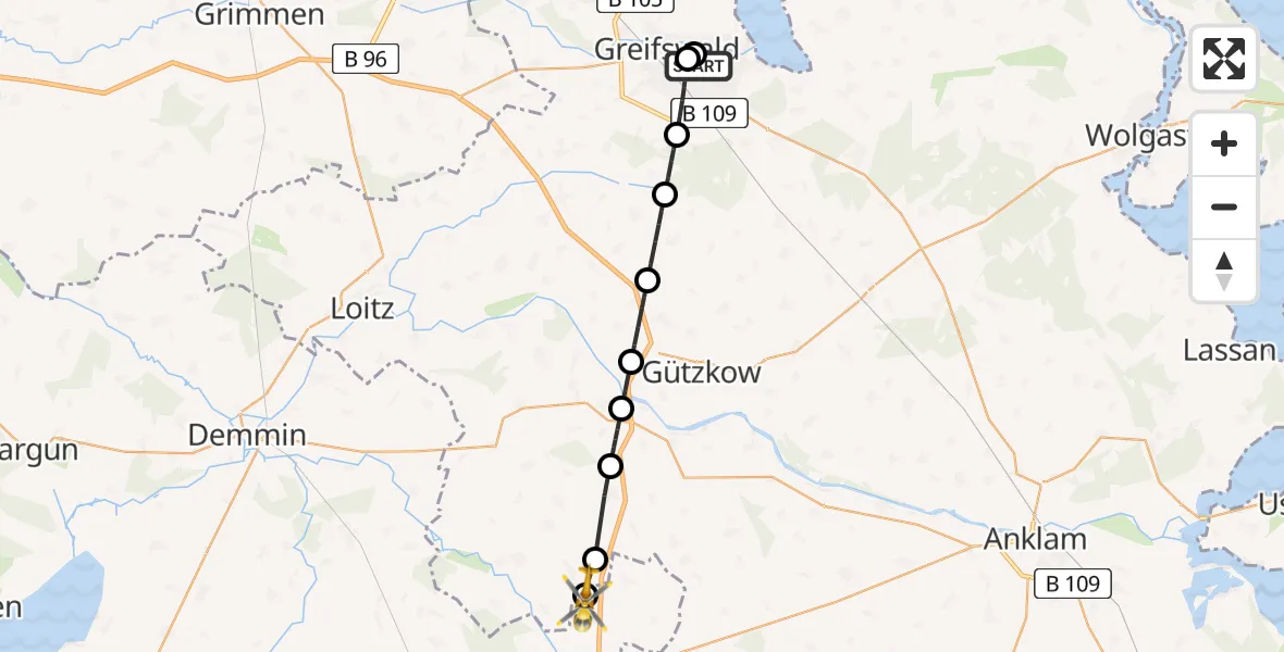 Flugroute Rettungshubschrauber Greifswald Hospital - Bartow, 14 April 2026, 14:41