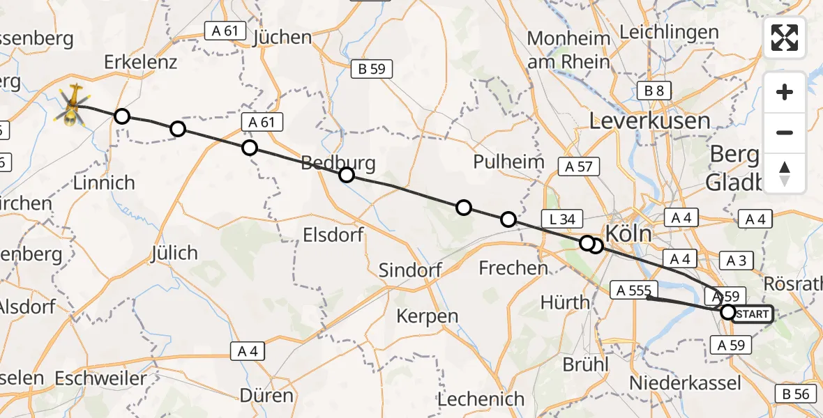 Flugroute Rettungshubschrauber Köln Bonn Flughafen - Hückelhoven, 14 April 2026, 14:45