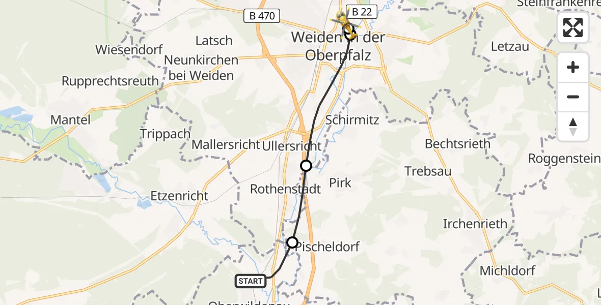 Flugroute Rettungshubschrauber Luhe-Wildenau - Weiden Hospital, 14 April 2026, 14:53