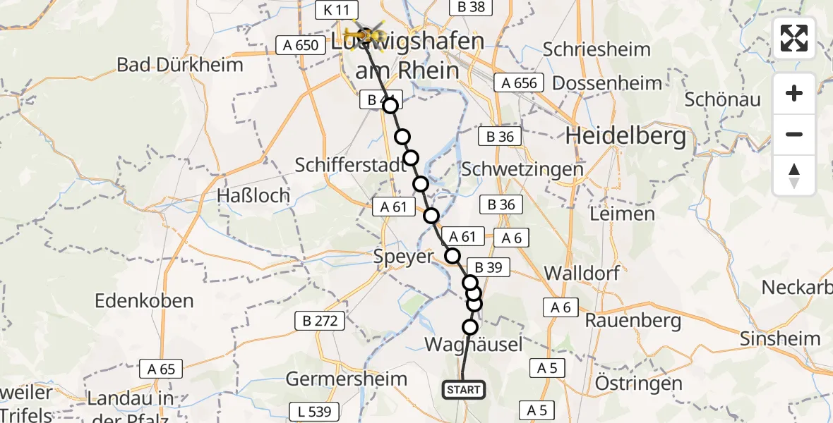 Flugroute Rettungshubschrauber Waghäusel - Ludwigshafen Accident Hospital, 14 April 2026, 14:59