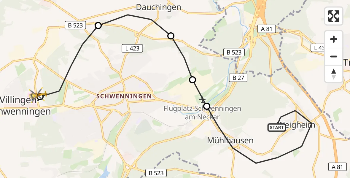 Flugroute Rettungshubschrauber Villingen-Schwenningen - DRF Air Rescue Station Villingen-Schwenningen Hubschrauberlandeplatz (Christoph 11), 14 April 2026, 15:00