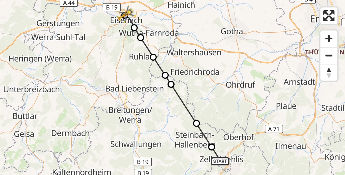 Flugroute Rettungshubschrauber Zella-Mehlis - Sankt Georg Hospital Eisenach, 14 April 2026, 15:03