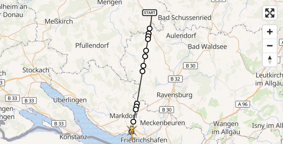 Flugroute Rettungshubschrauber Bad Saulgau - Friedrichshafen Hospital, 14 April 2026, 15:04