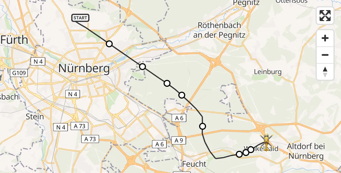 Flugroute Rettungshubschrauber Flughafen Nuremberg - Winkelhaid, 14 April 2026, 15:05