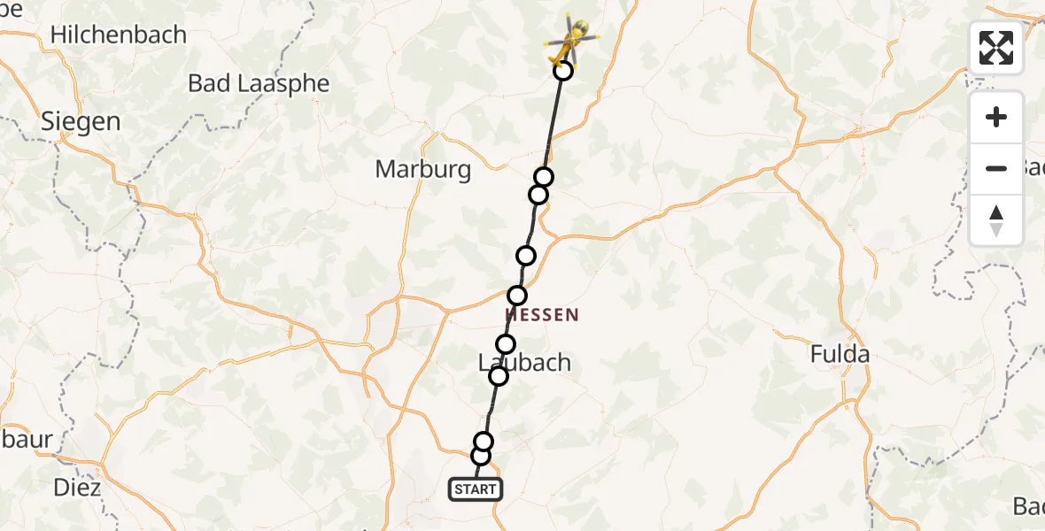 Flugroute Ambulanzhubschrauber Echzell - Gilserberg, 14 April 2026, 15:08