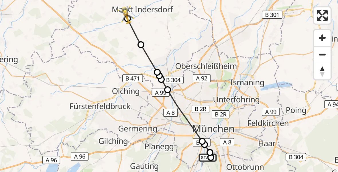 Flugroute Rettungshubschrauber ADAC Air Rescue Center Hubschrauberlandeplatz (Christoph 1) - Markt Indersdorf, 14 April 2026, 15:09