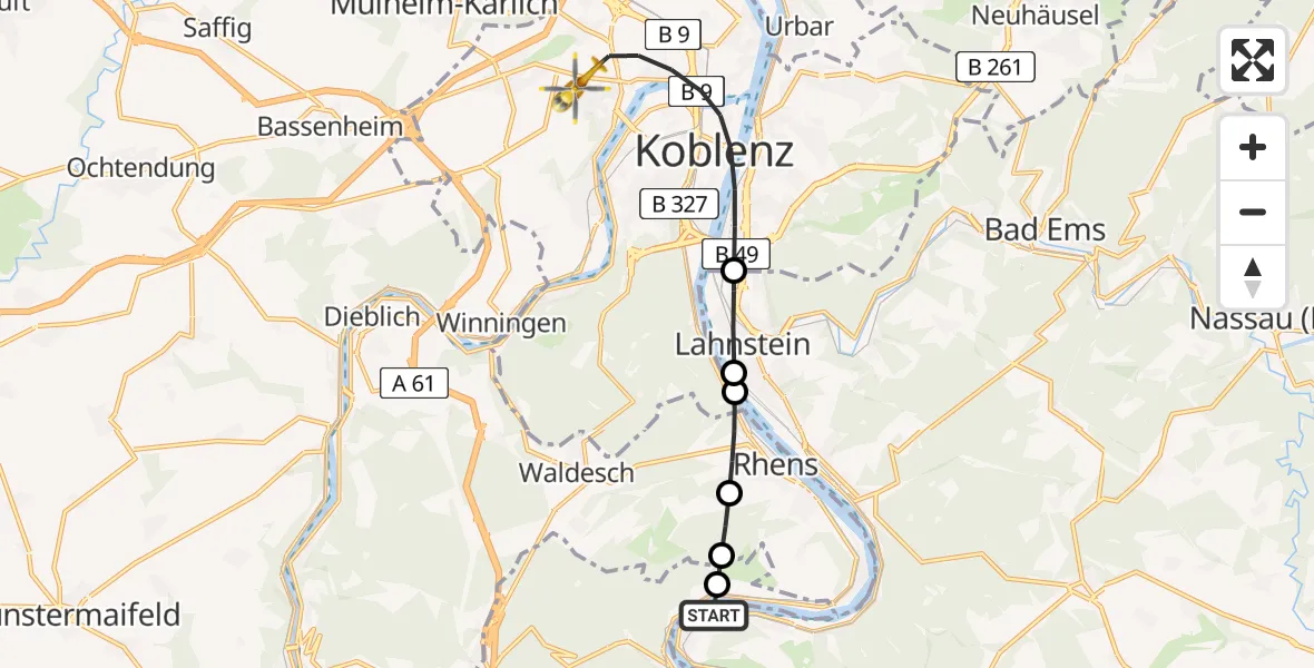 Routekaart van de vlucht: Rettungshubschrauber nach Koblenz, Rübenacher Straße