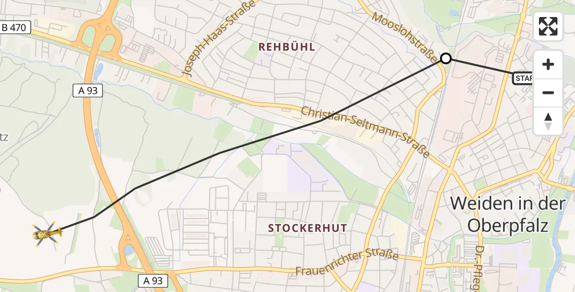 Flugroute Rettungshubschrauber Weiden Hospital - Weiden i.d.OPf., 14 April 2026, 15:12