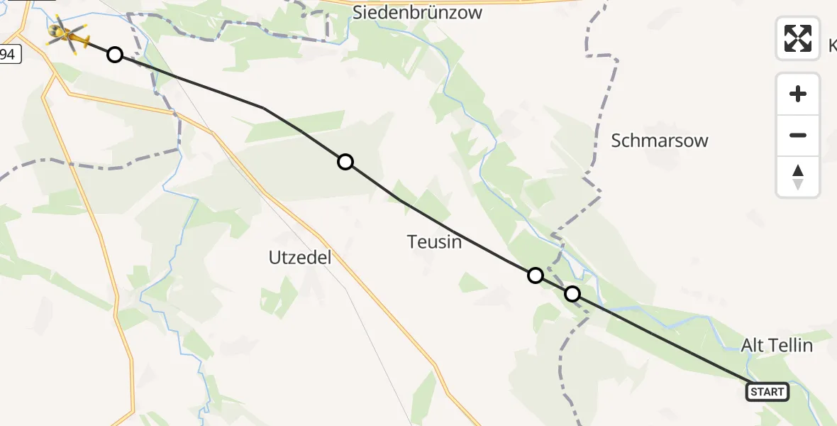 Flugroute Rettungshubschrauber Alt Tellin - Demmin, 14 April 2026, 15:14