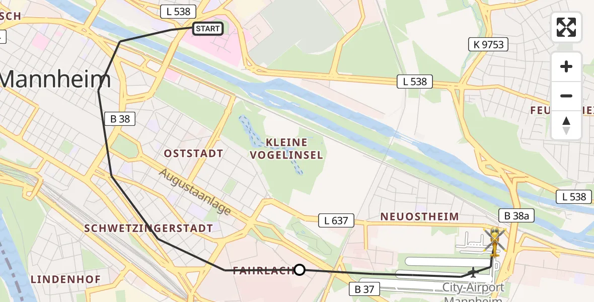 Flugroute Rettungshubschrauber Mannheim - Mannheim-City Flughafen, 14 April 2026, 15:17