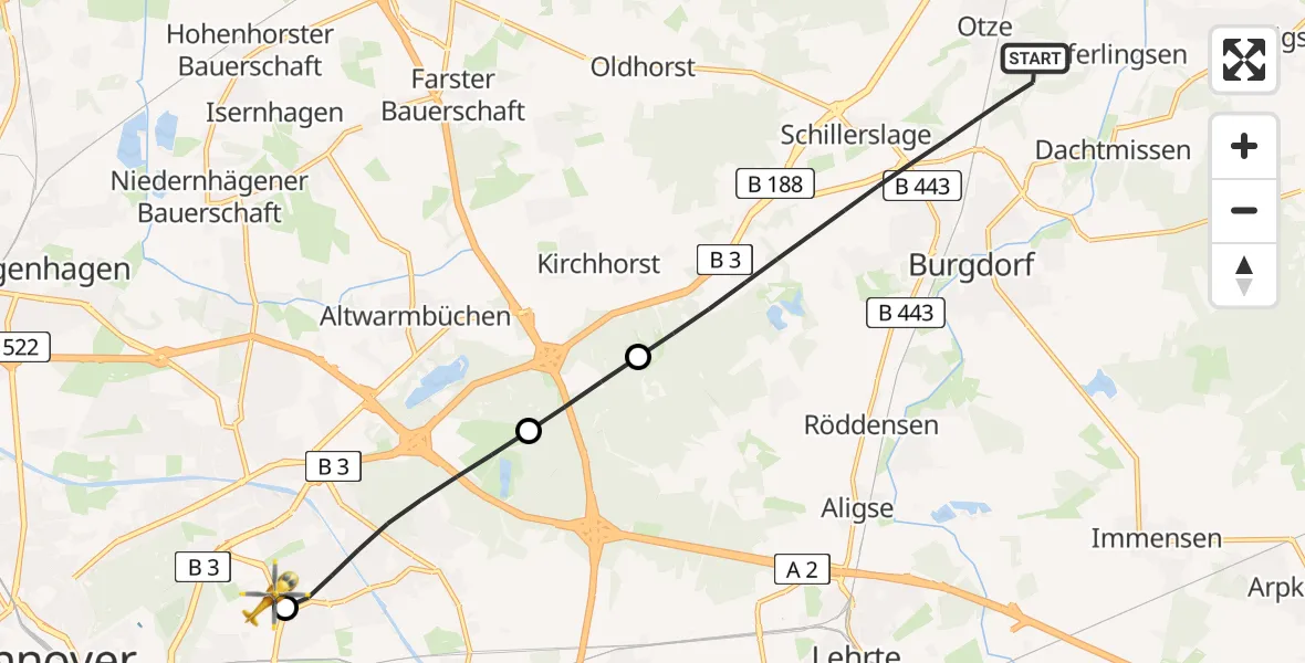 Flugroute Rettungshubschrauber Burgdorf - Hannover Luftrettung Hubschrauberlandeplatz (Christoph 4), 14 April 2026, 15:17