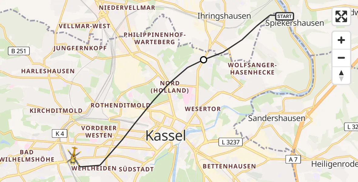 Flugroute Rettungshubschrauber Fuldatal - Kassel, 14 April 2026, 15:20