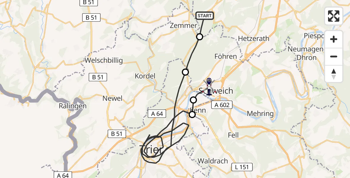 Flugroute Polizeihubschrauber Heidweiler - Schweich, 14 April 2026, 15:24
