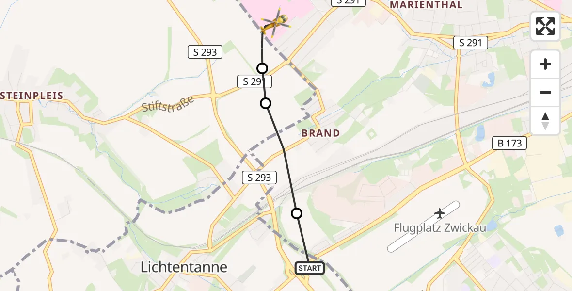 Flugroute Rettungshubschrauber Lichtentanne - ADAC Air Rescue Station Zwickau Hubschrauberlandeplatz, 14 April 2026, 15:31