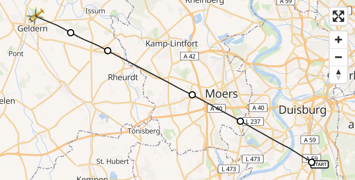 Flugroute Rettungshubschrauber Duisburg Air Rescue Hubschrauberlandeplatz (Christoph 9) - Geldern, 14 April 2026, 15:35