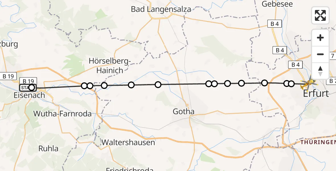 Flugroute Rettungshubschrauber Sankt Georg Hospital Eisenach - Helios Clinic Erfurt Hubschrauberlandeplatz, 14 April 2026, 15:43