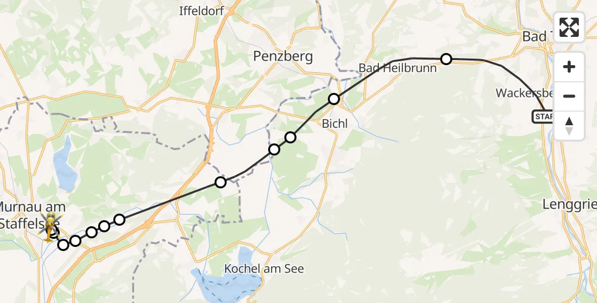 Flugroute Rettungshubschrauber Wackersberg - Murnau Accident Hospital, 14 April 2026, 15:46