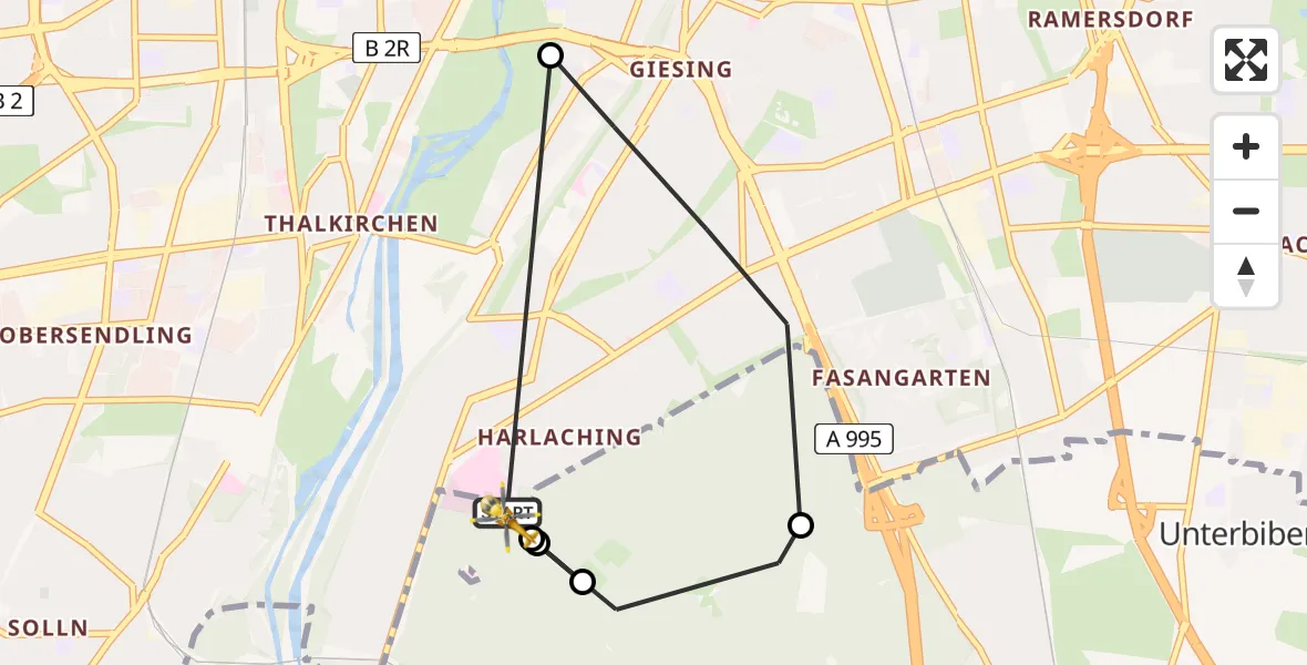 Flugroute Rettungshubschrauber ADAC Air Rescue Center Hubschrauberlandeplatz (Christoph 1) - ADAC Air Rescue Center Hubschrauberlandeplatz (Christoph 1), 14 April 2026, 15:47