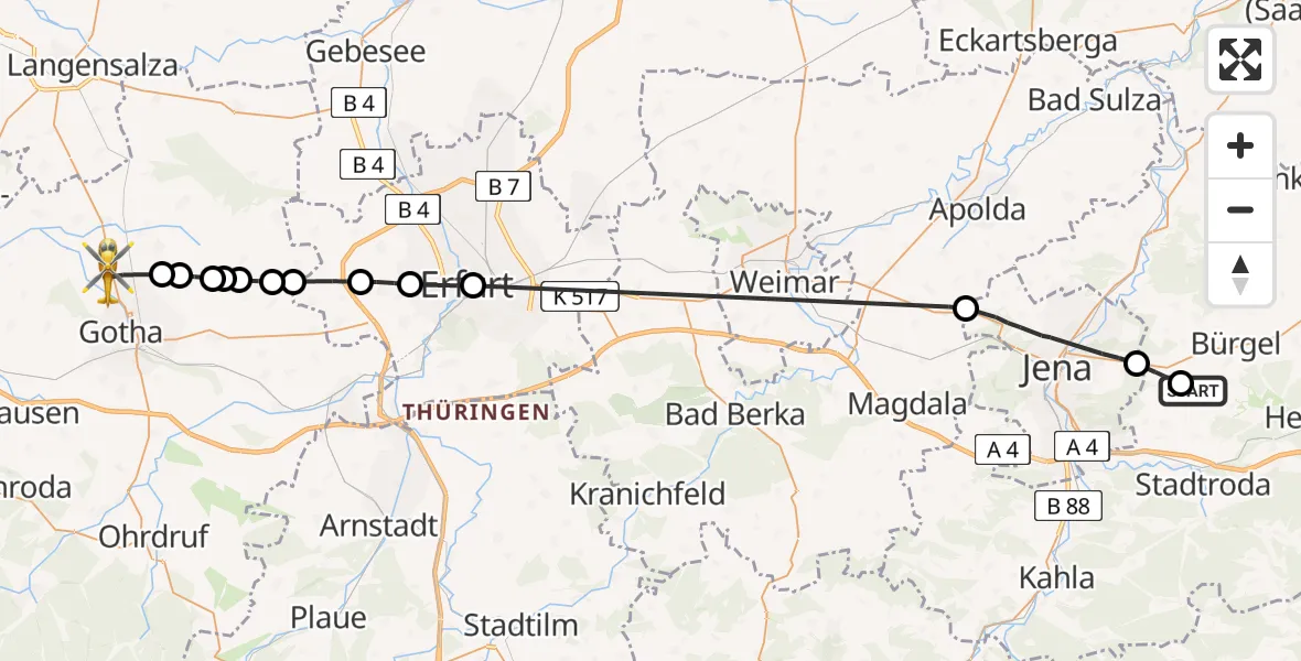 Flugroute Rettungshubschrauber Jena-Schöngleina Flugplatz - Nessetal, 14 April 2026, 15:52