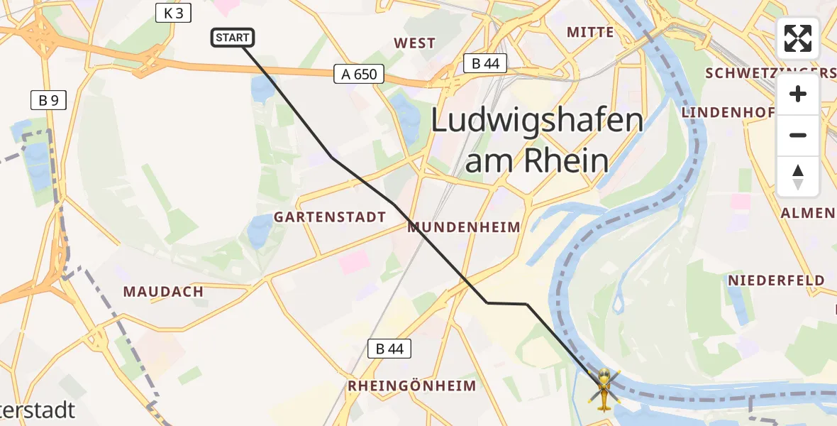Flugroute Rettungshubschrauber Ludwigshafen am Rhein - Ludwigshafen am Rhein, 14 April 2026, 15:55