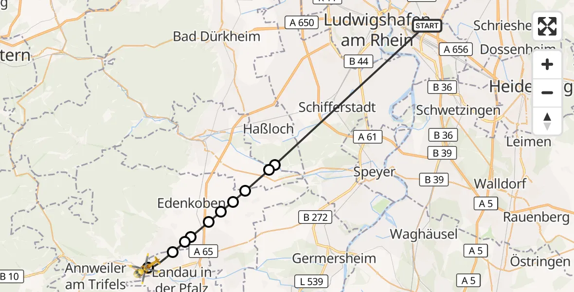 Flugroute Rettungshubschrauber Mannheim-City Flughafen - Siebeldingen, 14 April 2026, 15:55