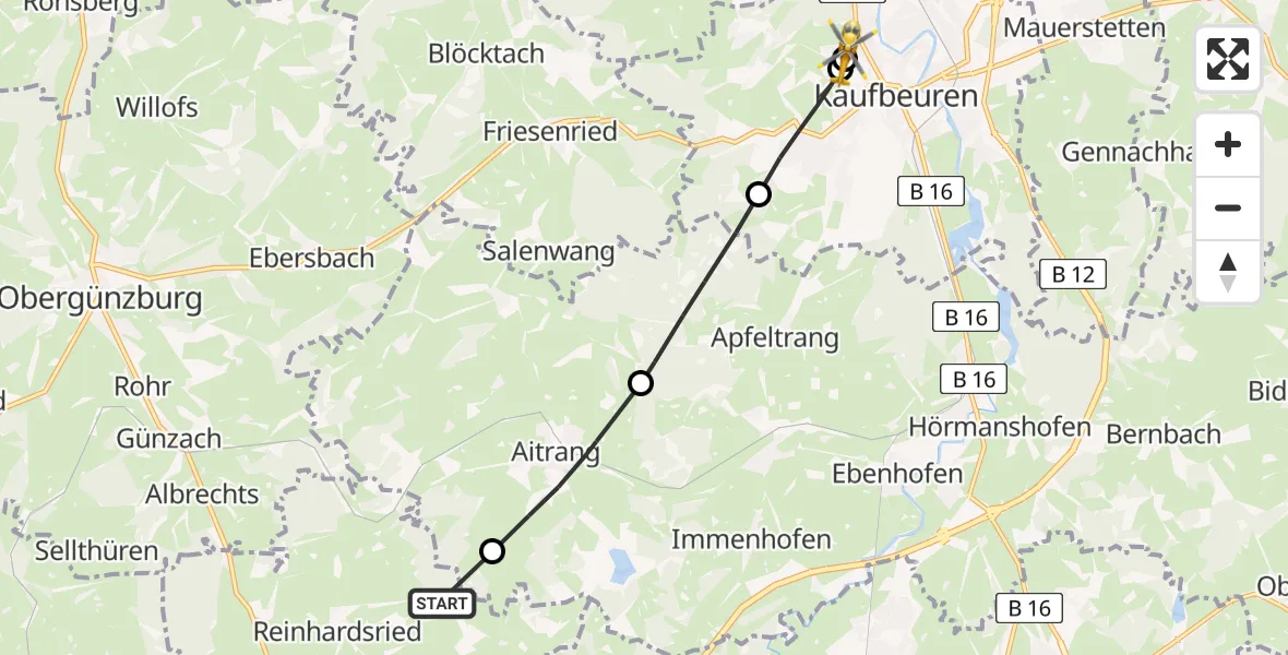 Flugroute Rettungshubschrauber Unterthingau - Ostallgäu-Kaufbeuren Hospital, 14 April 2026, 16:04